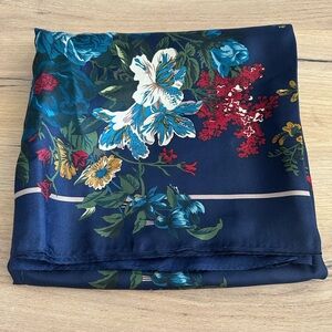 Vintage Echo Club 7 Navy Floral Silk Scarf with Blue & Red Blooms - EUC